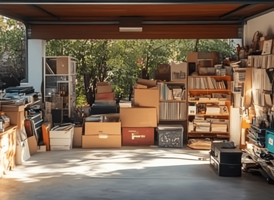 Cluttered garage with boxes and shelves.