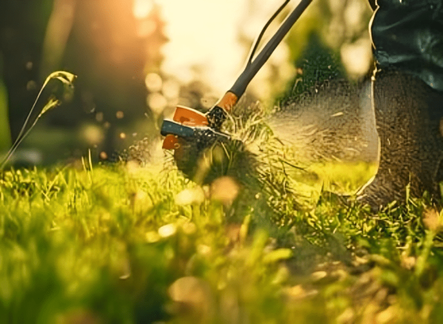 Grass being trimmed with a string trimmer.